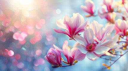 Wall Mural - Bright and colorful spring flowers blooming in the morning light. Beautiful pink flowers with bokeh background. 