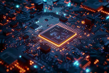 Poster - An ultra-modern microprocessor is shown on a motherboard, surrounded by intricate digital data streams and glowing light effects, symbolizing the processing power of AI. Generative AI
