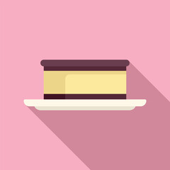 Poster - Minimalist illustration representing a square cake slice standing on a plate, over a pink background