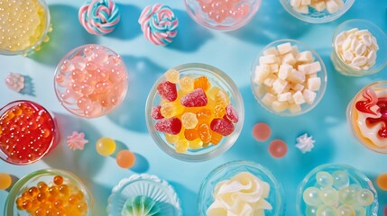 Wall Mural - Top view of various delicious jellies on blue background