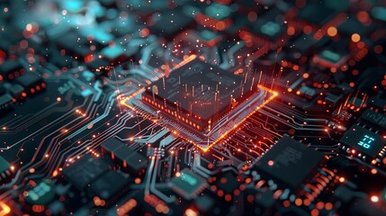 Leinwandbilder - A close-up image of a modern microprocessor, or chip, on a motherboard, surrounded by intricate digital data streams and glowing light effects. Generative AI