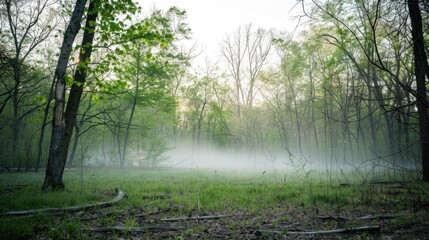 Poster - Forest filled with fog during spring