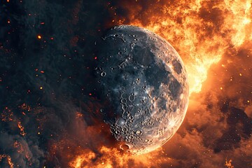 Poster - The moon satellite explodes in space, surreal landscape