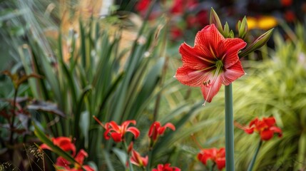 Canvas Print - A garden containing a vibrant red amaryllis bloom