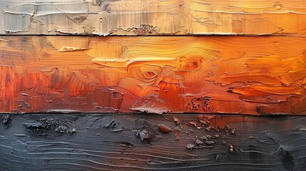 Poster - Abstract painting of wooden planks with a gradient of colors from grey to orange and red, textured with thick brush strokes. Ideal for backgrounds, artistic projects, and design inspiration.