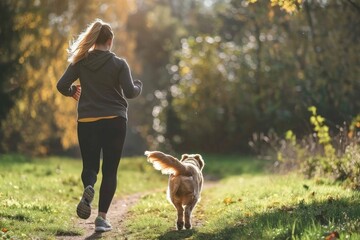 Overweight woman running with dog in nature, resting after workout. Exercising outdoors for people with obesity.