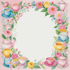 Wall Mural - Elegant watercolor painting with a generative AI creating a frame border and copy space, featuring a tea party setup with delicate flowers and hot drinks