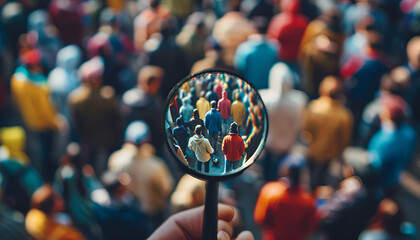 Businessman is studying a crowd of people with a magnifying glass. Hr search candidates for work, staff recruiting