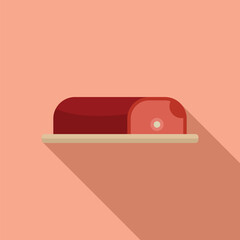 Poster - Simple flat illustration of a big piece of meat loaf lying on a white plate with a long shadow on a pink background