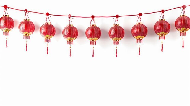 String of Chinese red lanterns isolated on white background, Chinese new year celebration banner border. Generative AI