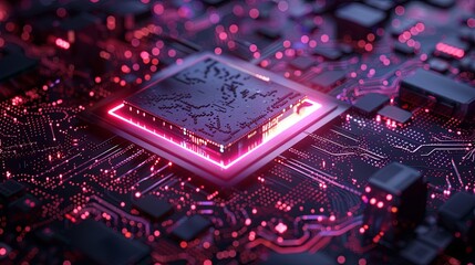 Leinwandbilder - A close-up image of a modern microprocessor, or chip, on a motherboard surrounded by glowing digital data streams, symbolizing the processing power of Artificial Intelligence. Generative AI