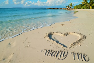 Marry me text and heart on the sand by the tropical ocean. Proposal and happy marriage concept