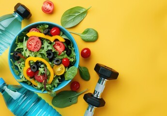 Wall Mural - Photo of A bowl with salad, dumbbells and water bottle on yellow background, banner with copy space for weight loss healthy lifestyle concept. Top view flat lay, real photo