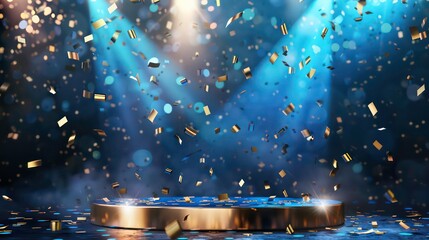 Sticker - The podium features falling confetti, a round gold shining platform, and blue glowing lights. The background is modern, the scene is realistic, and there are spotlights. Generative AI