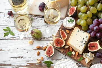Wall Mural - Photo of a cheese board with brie, camembert and feta on a white wooden table top in a view. With grapes, figs, nuts, and wine glasses. A greeting card for a celebration. A flat lay.