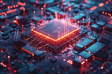 Leinwandbilder - A close-up view of a modern microprocessor on a motherboard, surrounded by intricate digital data streams and glowing light effects. Generative AI