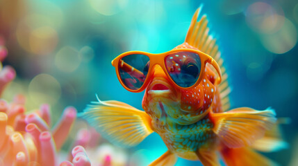 Poster - A fish wearing sunglasses and a yellow shirt. The fish is in a blue ocean