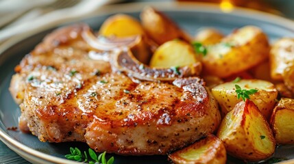 Tasty fried pork loin chops with potatoes plated up