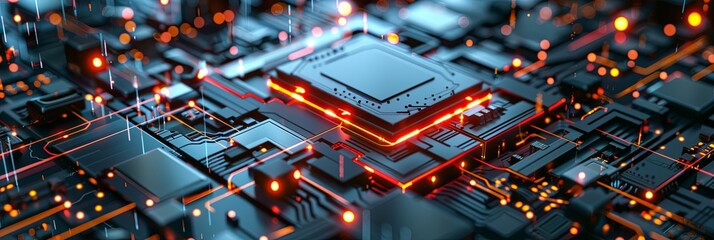 Fototapete - A close-up view of a modern microprocessor on a motherboard, surrounded by intricate digital data streams and glowing light effects, symbolizing the processing power of AI. Generative AI