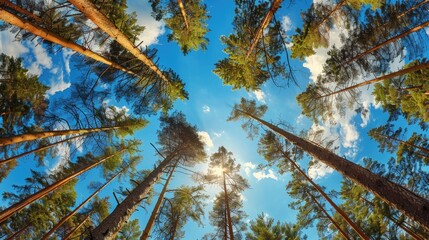 Canvas Print - Conifer trees in a forest under a sunny blue sky a stunning natural scene