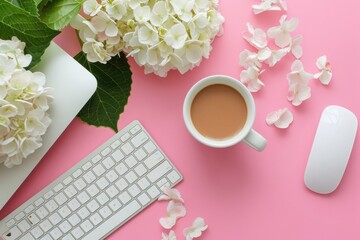 Wall Mural - Photo of a cup of coffee, white hydrangea flowers and computer keyboard on a pink background in a top view. Flat lay for working from home or office concept.