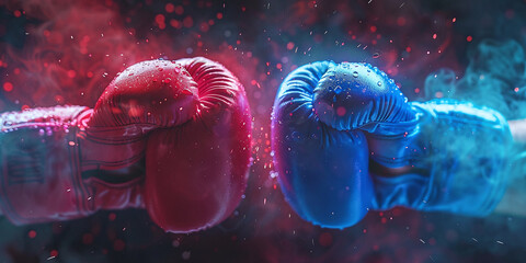 Red and blue gloves in boxing arena