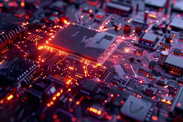 Fototapete - Close-up of a modern microprocessor on a motherboard, with intricate data streams and glowing light, symbolizing the power of AI processing. Generative AI
