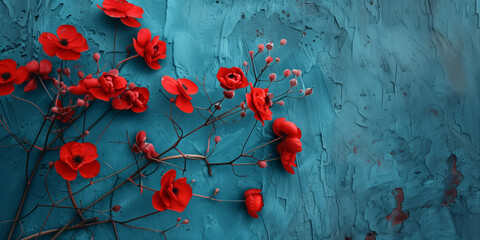 Wall Mural - Beautiful red flowers on blue background with and copy space.