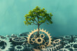 © john - image of spinning gears leading to a growing tree. Concept of creativity, education and technology