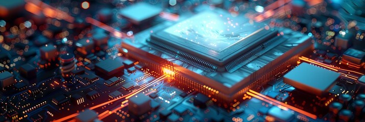 Leinwandbilder - A close-up of a modern microprocessor or chip on a motherboard, surrounded by intricate digital data streams and glowing light effects. Generative AI