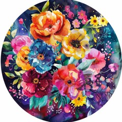 Wall Mural - Watercolor Painting of Colorful Flowers in a Circular Arrangement background 