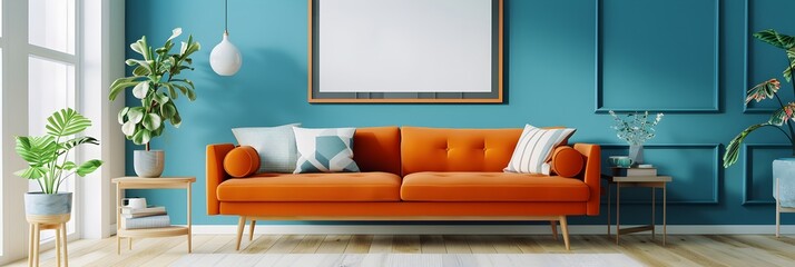 A vibrant living room with an orange sofa, blue walls, and wooden flooring featuring a white floor mat