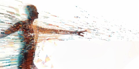 Abstract digital human figure with arms outstretched, holding data and code on white background Generative AI