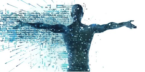Abstract digital human figure with arms outstretched, surrounded by binary code and data streams on white background Generative AI