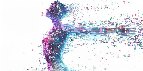 Digital human figure with outstretched arms made of data and binary code, on a white background Generative AI