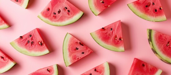 Wall Mural - Watermelon slices on a soft pink backdrop. Simple fruit theme.