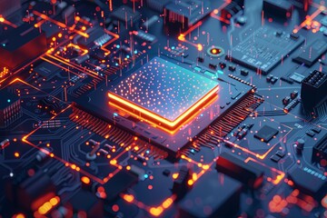 Leinwandbilder - A close-up shot of a modern microprocessor on a motherboard, surrounded by intricate digital data streams and glowing light effects. Generative AI