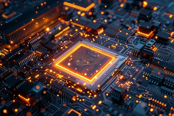 Fototapete - Close-up of a modern microprocessor on a motherboard, with glowing lights and digital data streams, symbolizing the processing power of artificial intelligence. Generative AI