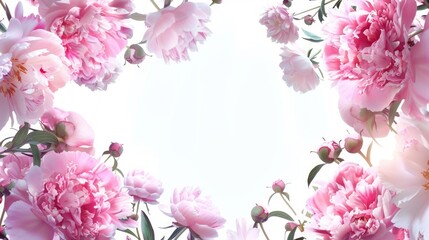 Poster - Greeting card with pink floral patterns of peonies and buds around the edges, white space for text