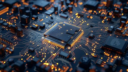 Fototapete - A close-up image of a modern microprocessor on a motherboard, surrounded by intricate digital data streams and glowing light effects, symbolizing the processing power of AI. Generative AI