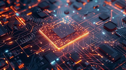 Leinwandbilder - A close-up shot of a modern microprocessor on a motherboard, illuminated by vibrant orange data streams, showcasing the power of AI. Generative AI