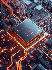Leinwandbilder - A close-up view of a modern microprocessor, or chip, on a motherboard, surrounded by intricate digital data streams and glowing light effects. Generative AI