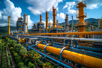 The oil refinery industry. A photo of an industrial oil production plant with large pipes and structures