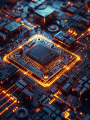 Leinwandbilder - A close-up image of a powerful microprocessor surrounded by glowing digital data streams on a motherboard. Generative AI
