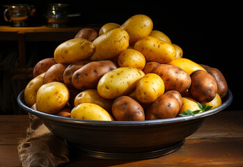 Wall Mural - Raw potatoes in bowl on wooden table