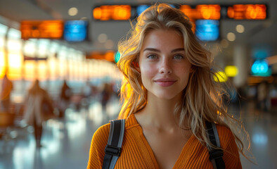 Wall Mural - Young woman with backpack standing in the airport