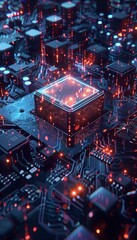 Leinwandbilder - A close-up of a modern microprocessor, surrounded by intricate digital data streams and glowing light effects, symbolizing the processing power of AI. Generative AI
