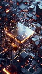 Leinwandbilder - A close-up of a modern microprocessor on a motherboard, surrounded by intricate digital data streams and glowing light effects. Generative AI
