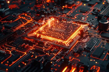 Leinwandbilder - Close-up of a modern microprocessor or chip on a motherboard, with intricate digital data streams and glowing light effects. Generative AI