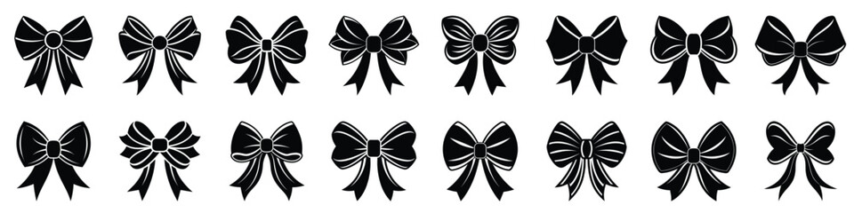 Wall Mural - Set of 16 Black Decorative Bow Ribbons Vector Silhouettes, Perfect for Holiday Decorations, Gift Wrapping, Invitations, and Design Projects